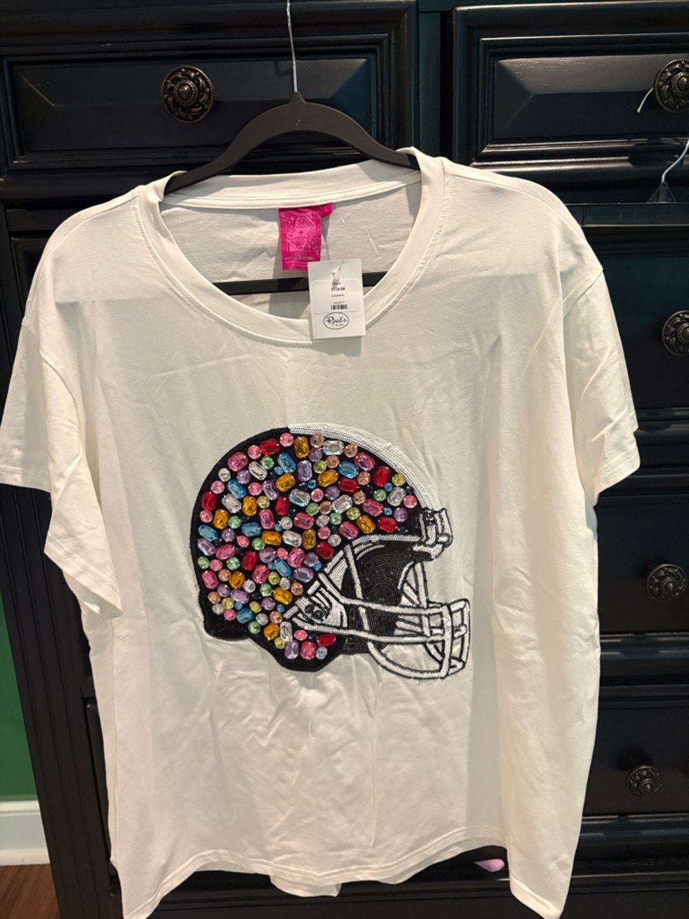 QUEEN OF SPARKLES White Tee with Multicolor Jeweled Helmet
